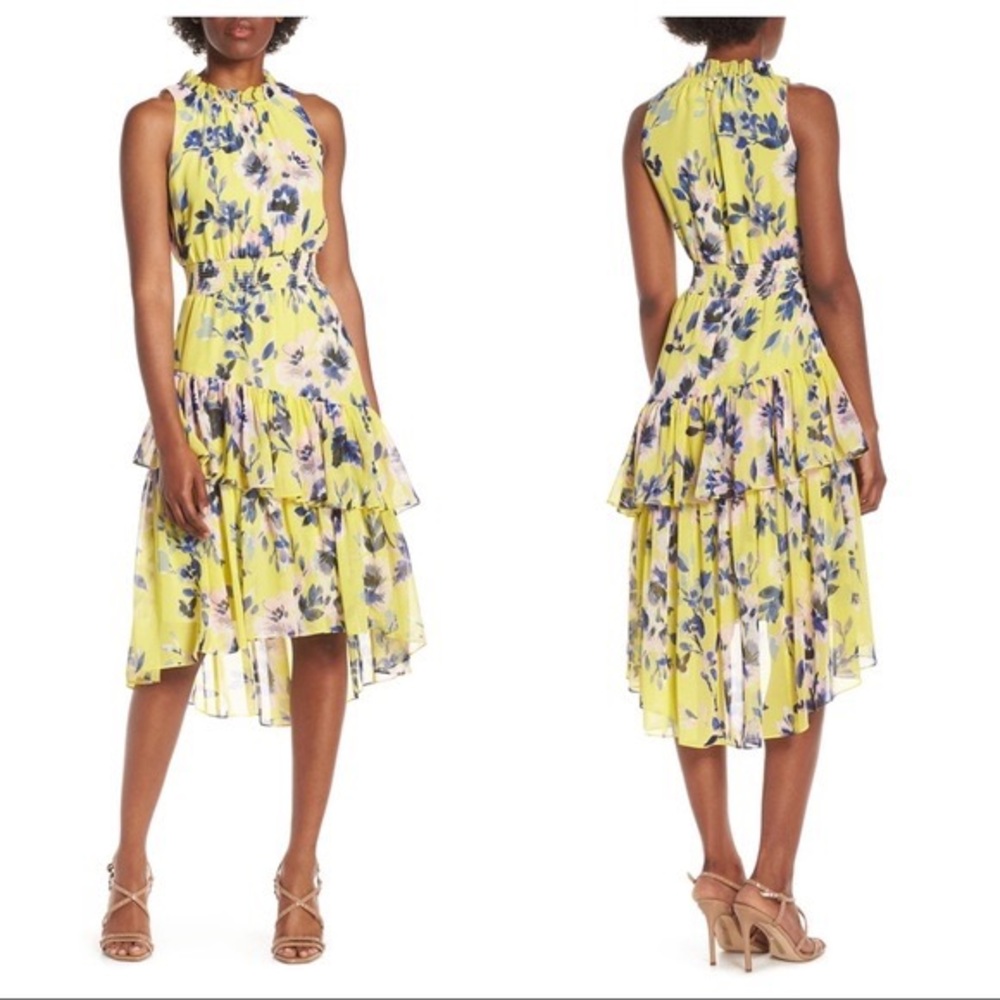 Eliza J Floral Asymmetric Tiered Dress